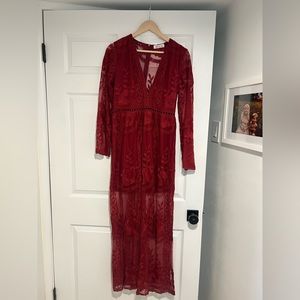 Maroon Long Sleeve Floral Dress